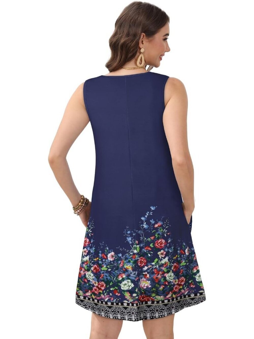 Women's Navy Blue Floral Casual Sleeveless Loose T Shirt V Neck Swing Mini Dress - Picture 6 of 6